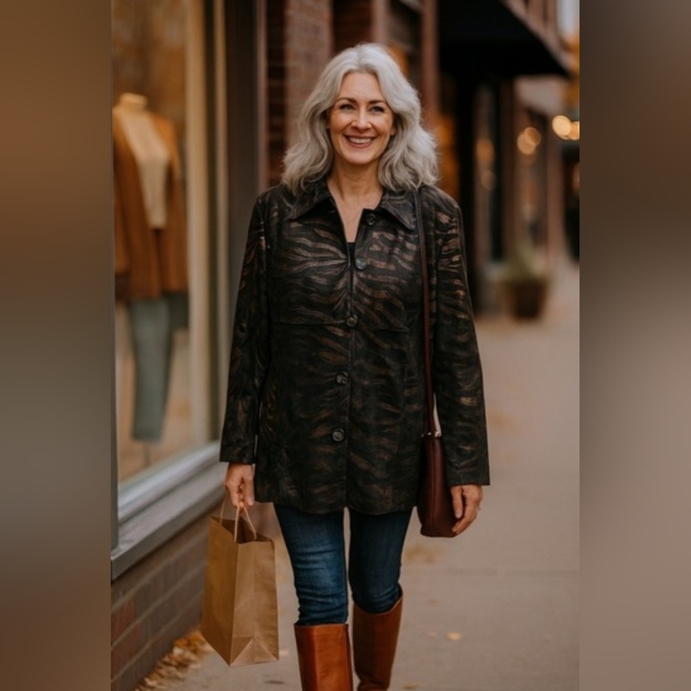 Erin London Metallic Animal Print Jacket with Velvety Accents - Bronze - Size M